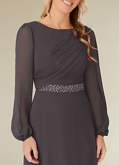 Azazie Priyanka vestidos de madre de la novia Vestido de Gris Acero de Gasa de Corte En A con Cuello barco plisado image3
