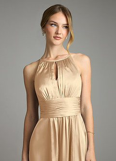 Azazie Bonnie Bridesmaid Dresses Champagne A-Line Pleated Stretch Satin Dress image2