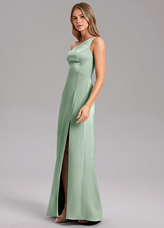 Azazie Feby Bridesmaid Dresses Agave A-Line One Shoulder Stretch Satin Dress image4