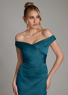 Azazie Teyana Bridesmaid Dresses Ink Blue Sheath Off the Shoulder Stretch Satin Dress image2