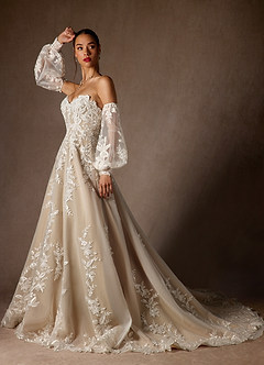 Azazie Madeleine Wedding Dresses Diamond White Nude Ball-Gown Strapless Lace Dress image4