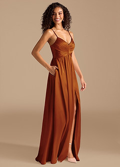 Azazie Alia At-home Try On Dresses Auburn A-Line Pleated Metallic Satin Dress image5
