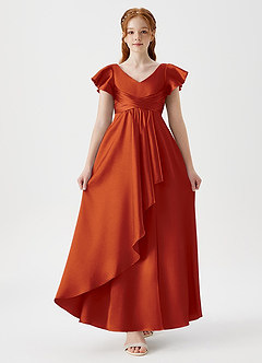 Azazie Omari Junior Paprika A-Line Pleated Metallic Satin Dress image3