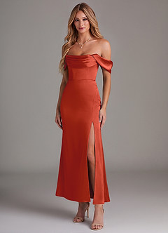 Azazie Saige Bridesmaid Dresses Rust Mermaid Off the Shoulder Stretch Satin Dress image1