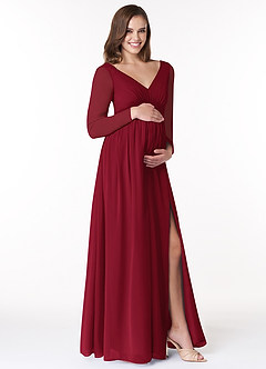 Azazie Teton Maternity Bridesmaid Dresses A-Line Long Sleeve Chiffon Floor-Length Dress image4