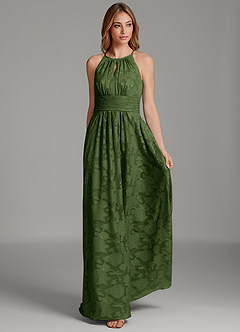 Azazie Bonnie Bridesmaid Dresses Olive A-Line Pleated Floral Burnout Dress image5