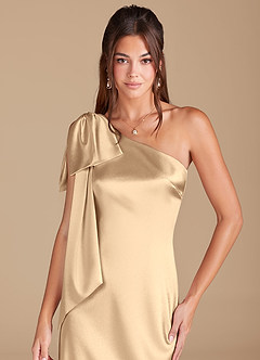 Azazie Capri Jurken voor bruidsmeisjes Jurk van Metaalachtig Satijn met Kolom One-Shoulder Goud image5