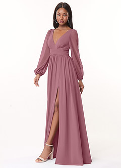 Azazie Norah Bridesmaid Dresses Vintage Mauve A-Line V-Neck Long Sleeve Chiffon Dress image4