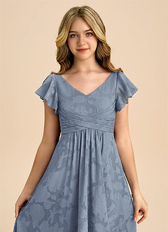 Azazie Omari Junior Dusty Blue A-Line Pleated Floral Burnout Dress image7