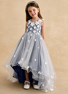 Azazie Celia Robe Demoiselle D'honneur Fillette Robe Trapèze en Tulle Dentelle Bleu Orageux image6
