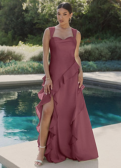 Azazie Sloane Vestidos de damas de honor Vestido Rosa Del Desierto de Satén Elástico de Línea A con Escote corazón image4