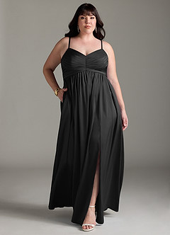 Azazie Alia Vestidos de damas de honor Vestido de Negro de Satén Elástico de Corte en A con Plisado image10