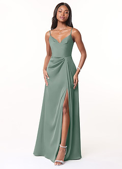 Azazie Brielle Vestidos de damas de honor Vestido de Salvia Plateada de Satén Elástico de Corte en A con Tirantes finos con capucha image1