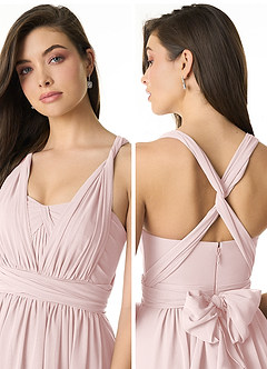 Azazie Olani Bridesmaid Dresses Blushing Pink A-Line Off the Shoulder Chiffon Convertible Dress image4