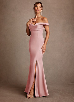 Azazie Boone Mother of the Bride Dresses Powder Pink Mermaid Off the Shoulder Stretch Satin Dress image4