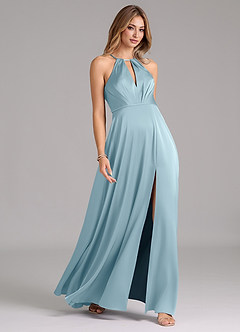 Azazie Evalleen Bridesmaid Dresses Moody Blue A-Line Pleated Stretch Satin Dress image5