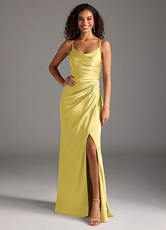 Azazie Deandra Bridesmaid Dresses Canary Mermaid Pleated Stretch Satin Dress image6