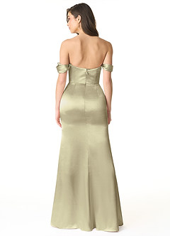 Azazie Liv At-home Try On Dresses Auburn Sheath Off the Shoulder Metallic Satin Convertible Dress image3