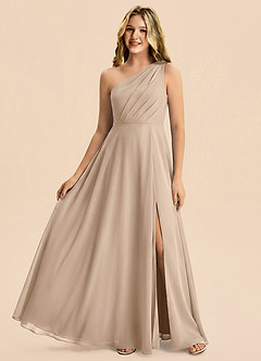 Azazie Phaedra Junior Taupe A-Line Pleated Chiffon Dress image1