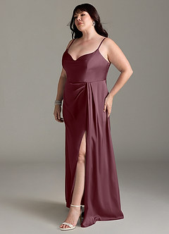 Azazie Brielle Bridesmaid Dresses Sangria A-Line Cowl Spaghetti Straps Stretch Satin Dress image10