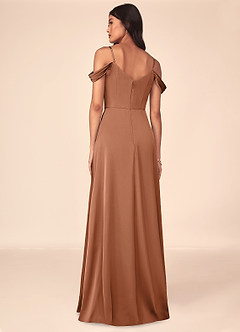 Azazie Ocean Bridesmaid Dresses Bronzer A-Line V-Neck Pleated Stretch Satin Dress image2