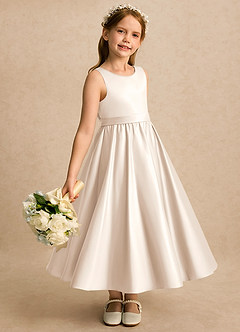 Azazie Karlie vestidos de niña de las flores Vestido Alabastro Blanco de Satin Mate de Línea A con Plisado image2