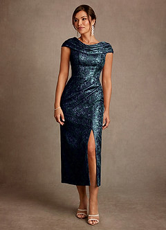 Azazie Alpine Klänningar till brudens mor Klä A-Line i Blommig Jacquard Plisserad Mörk Marinblå image3