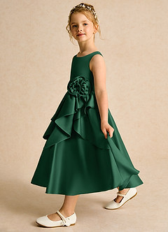 Azazie Hermia Robe Demoiselle D'honneur Fillette Robe Trapèze en Mat Satiné Sans manches Vert Foncé image4