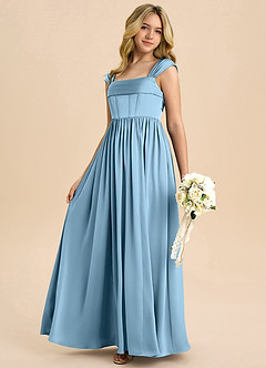 Azazie Hattie Junior Steel Blue A-Line Pleated Stretch Satin Dress image6