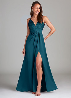 Azazie Maren Allure Bridesmaid Dresses Ink Blue A-Line Lace Stretch Satin Dress image1