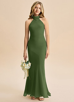 Azazie Velli Junior Meerjungfrau-Linie Hoher Kragen Chiffon Kleid Olivgrün image1