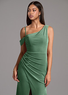 Azazie Madelyn Bridesmaid Dresses Eucalyptus Sheath One Shoulder Velvet Dress image2