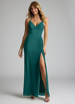 Azazie Becca Bridesmaid Dresses Peacock Sheath V-Neck Chiffon Dress image3