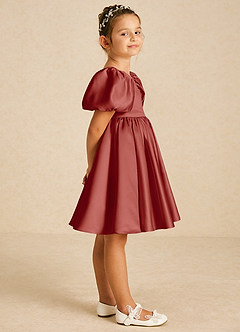 Azazie Muffin Flower Girl Dresses Terracotta A-Line with Sleeves Matte Satin Dress image3