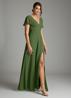 Azazie Kimber Bridesmaid Dresses Olive A-Line Flounce Sleeve Chiffon Dress image6