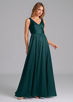 Azazie Keyla Final Sale Pine A-Line Pleated Stretch Satin Dress image6