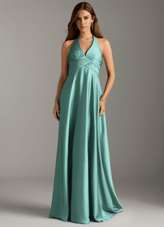 Azazie Tessie Robes de demoiselle d'honneur Robe Trapèze en Satin extensible Plissée Aqua image3
