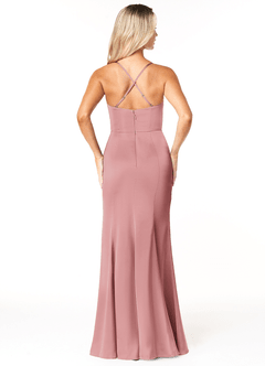 Azazie Marzia Bridesmaid Dresses Dusty Rose Sheath Cowl Pleated Stretch Satin Dress image2