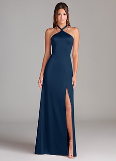 Azazie Elliana Vestidos de madrinha de casamento Vestir Azul Marinho de Cetim elástico de Linha A com Fenda Lateral image5