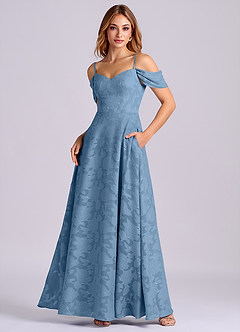 Azazie Marley Final Sale Steel Blue A-Line Off the Shoulder Floral Burnout Convertible Dress image1