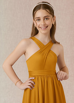 Azazie Jiya Junior Butterscotch A-Line Pleated Stretch Satin Dress image4