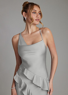 Azazie Jayda Bridesmaid Dresses Silver A-Line Ruched Stretch Satin Dress image3