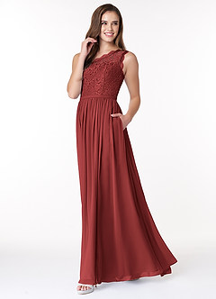 Azazie Demi Bridesmaid Dresses Rust A-Line One Shoulder Chiffon Dress image3