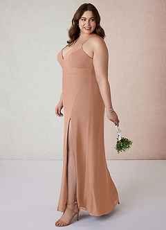 Azazie Becca Bridesmaid Dresses Champagne Rose Sheath V-Neck Chiffon Dress image9