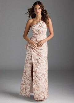 Azazie Maive Vestidos de damas de honor Vestido de Floral Helecho Rosa de Gasa de Corte Recto con Volante plisado image3