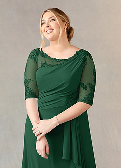 Azazie Dionysus Mother of the Bride Dresses Dark Green A-Line Boatneck Lace Chiffon Dress image10