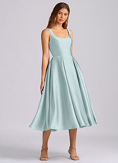 Azazie Amalie 신부 들러리 드레스 A라인 주름진 스트레치 새틴 티 길이 드레스 image1