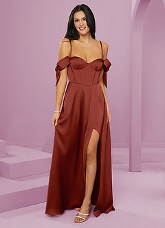 Barbie ♥ Azazie Bridesmaid Dresses Terracotta A-Line Off the Shoulder Stretch Satin Dress image6