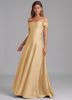 Azazie Seriana 신부 들러리 드레스 A라인 오프 더 숄더 스트레치 새틴 바닥 길이 드레스 image3