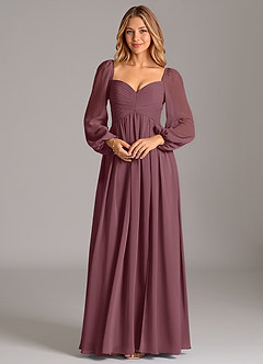 Azazie Bailee Vestidos de damas de honor Vestido de Sangrado de Gasa de Corte en A con Manga larga image6